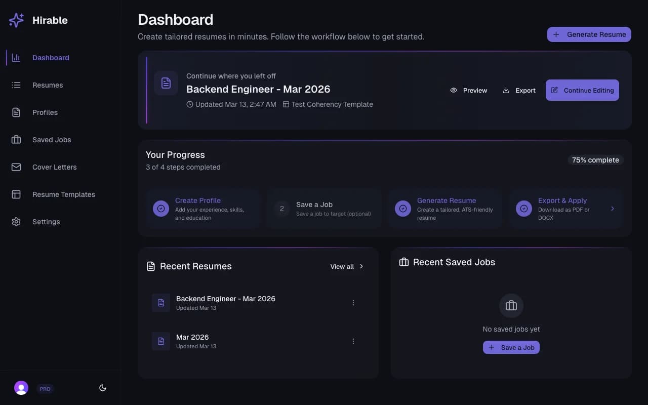 Hirable dashboard showing resume and job application tools