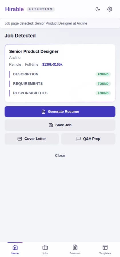 Hirable Chrome extension side panel capturing job details