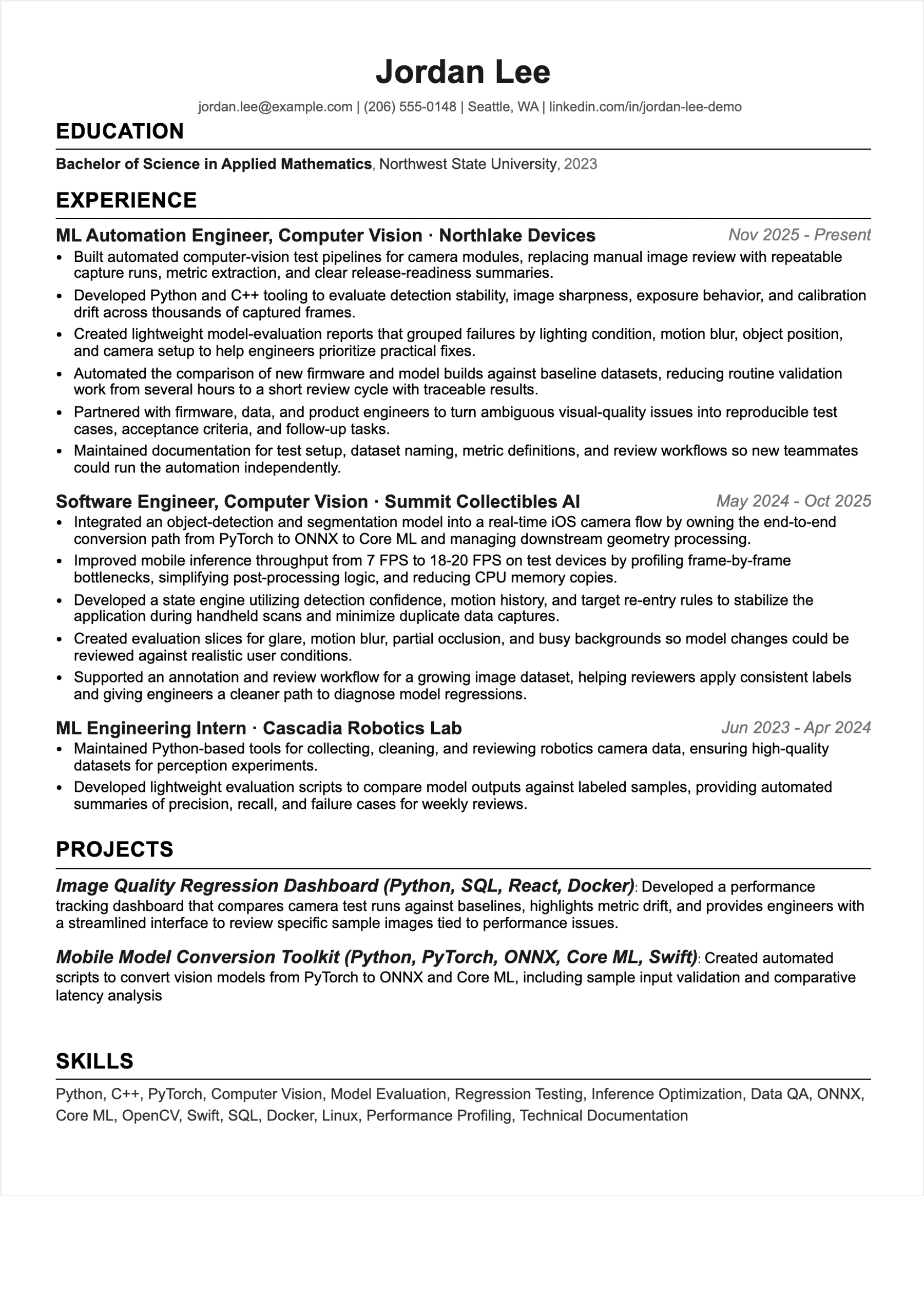 Generated compact resume output for a machine learning engineer geometry role
