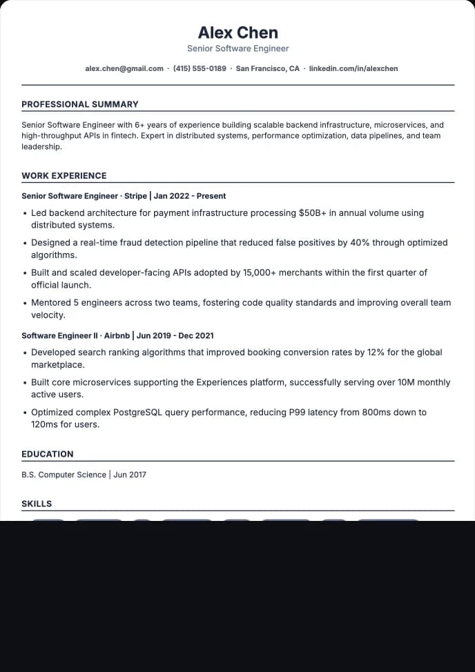 Clean resume preview with structured sections