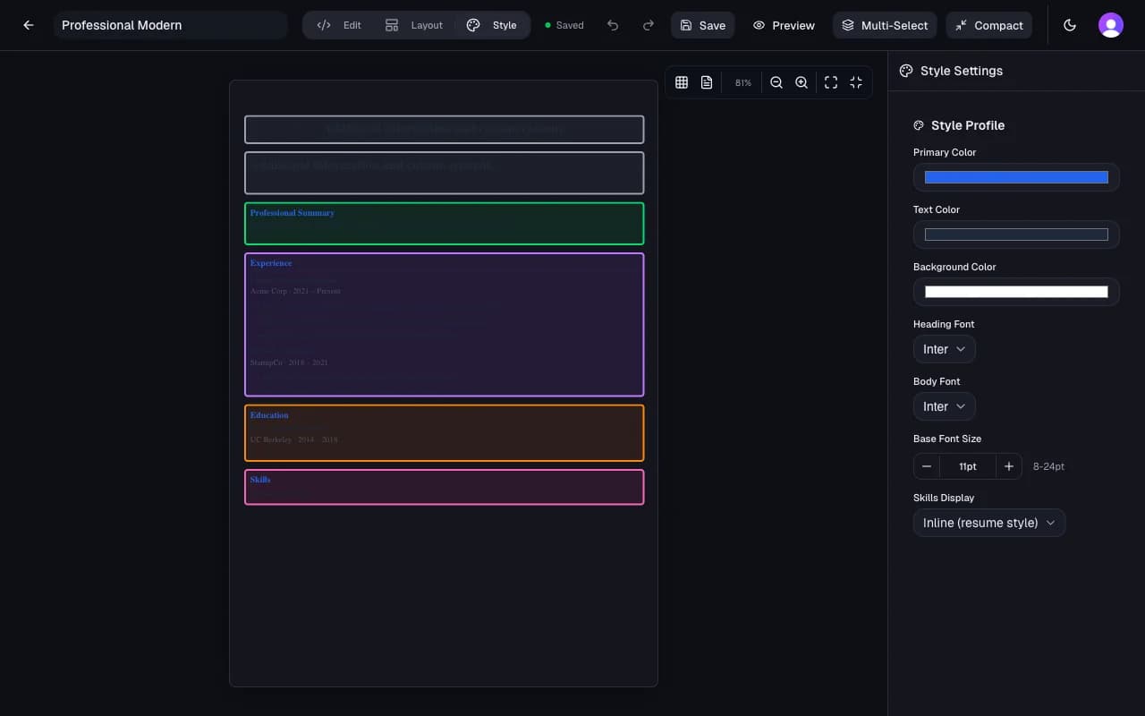 Hirable template designer showing editable resume layout controls